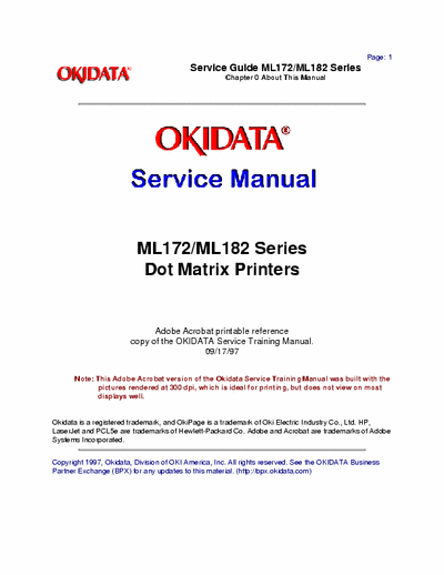 Oki ML172, ML182 Series Service Manual - Okidata Microline 172 & 182 Printers